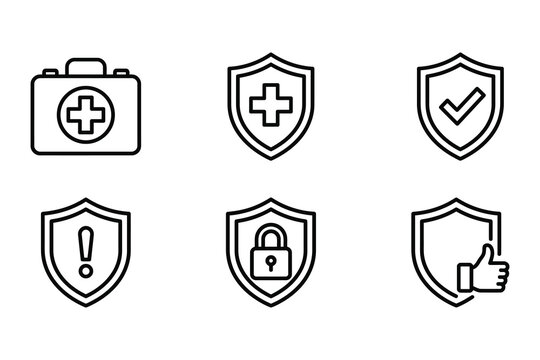 Modern minimalist security and medical protection icons set with shields and symbols isolated design