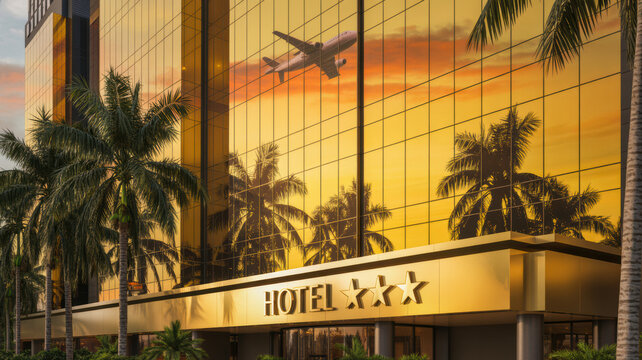 A grand luxury hotel building with a golden glass facade beautifully reflects palm trees, a sunset sky, and an airplane overhead.
