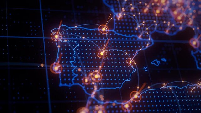 Spain map big data visualization. Futuristic digital map infographic of Iberian Peninsula region. Visual global trade data complexity routes in modern blue and orange colors.