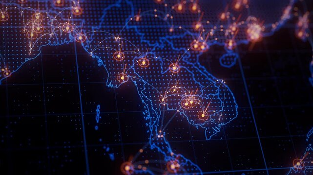 Thailand, Cambodia, Vietnam map big data visualization. Futuristic digital map infographic of Southeast Asian region. Visual global trade data complexity routes in modern blue and orange colors