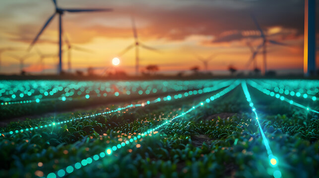 Glowing optical fiber cable in a green field with modern wind turbines at sunset.