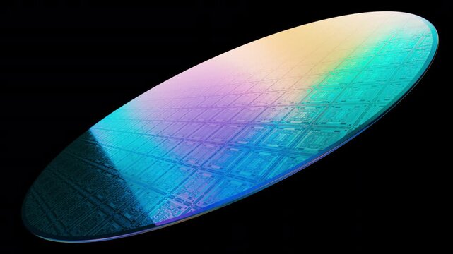 Iridescent semiconductor wafer in seamless loop with alpha channel, futuristic microchip surface 3D render static camera overlay