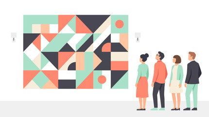 Fototapeta premium A group of people standing in a modern art gallery while looking at a large abstract geometric painting on a white wall
