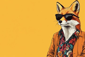 Fototapeta premium Cool fox dressed in stylish clothes and sunglasses poses for a trendy look against a bright yellow background