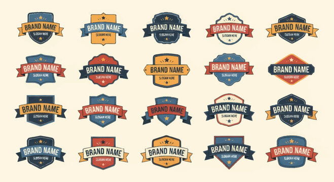Collection of vintage brand name logos and badges.