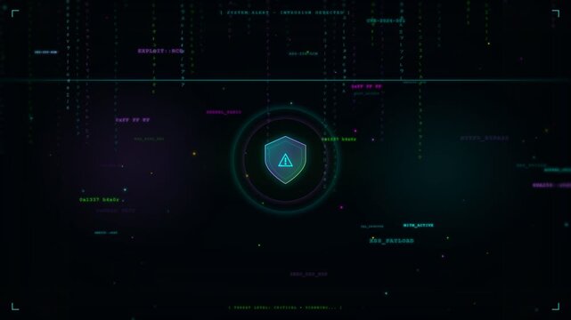 Cyber security shield icon, glowing blue warning sign with code streaming in background, symbolizing data protection and threat detection for technology and cybersecurity concepts.