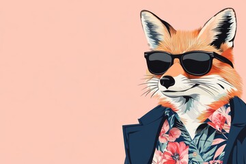 Fototapeta premium Cool fox in trendy outfit with sunglasses shows off stylish look in a vibrant setting perfect for modern designs and print use