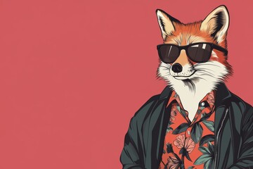 Fototapeta premium Cool fox wearing funky fashion clothes poses with dark shades for a modern illustration banner layout