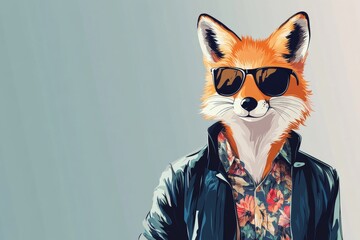 Fototapeta premium Fox wears funky fashion with shades and a floral shirt for a stylish modern look in a trendy setting