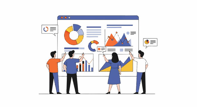 Business team collaborating to analyze financial data and marketing reports displayed on a large interactive screen using modern technology.