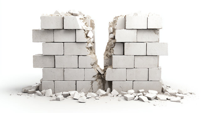 A broken wall made of cement bricks, showcasing the impact of wear and tear in urban environments.