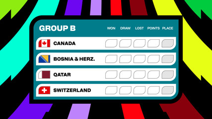 Football 2026 Tournament Group B Table Design Showcasing Team Standings and Results for world football mundial or soccer cup 2026  © lunarts_studio