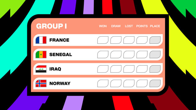 Vibrant Football 2026 Tournament Group Stage Table Design for Sports Event Qualification Announcement and world football mundial or soccer cup 2026  Schedule Presentation.