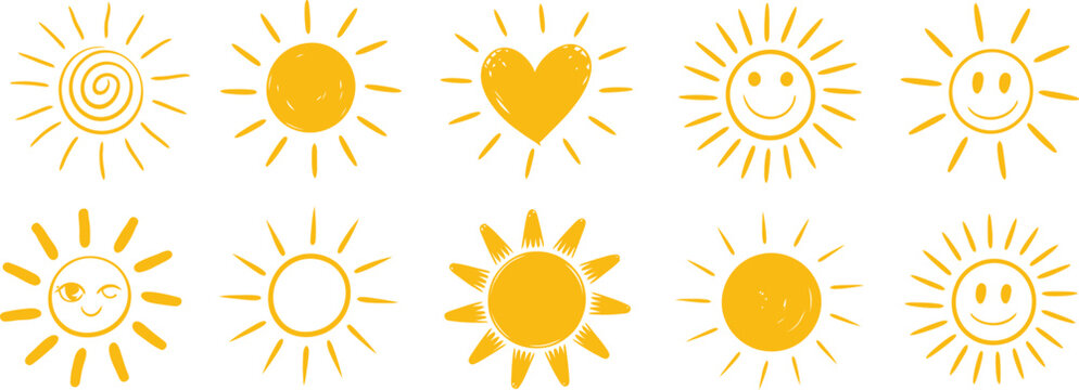 Set of yellow sun icons with different smiling faces hearts rays minimal flat vector illustration isolated on white background design