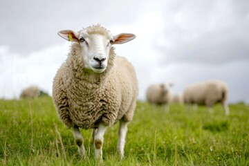 Fototapeta premium Funny sheep stands in a green field with other sheep grazing under a cloudy sky