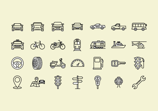 Flat icons for web and mobile applications Transportation Icons Set Line Art Style.