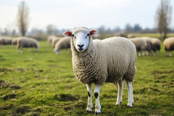 Fototapeta premium Funny sheep enjoying a sunny day on a green field with other sheep grazing nearby during spring