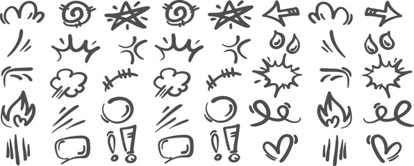 Hand-drawn doodle vector icons – playful sketch-style comic symbols with arrows, bursts, clouds, hearts, and speech bubbles on transparent background © Parves