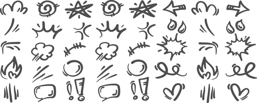 Hand-drawn doodle vector icons &ndash; playful sketch-style comic symbols with arrows, bursts, clouds, hearts, and speech bubbles on transparent background