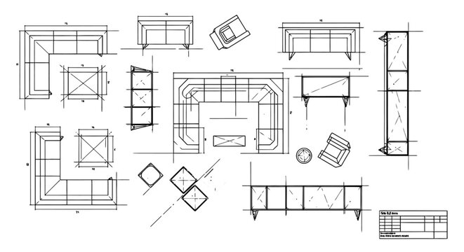 architectural furniture plan drawings for interior design top view and side views