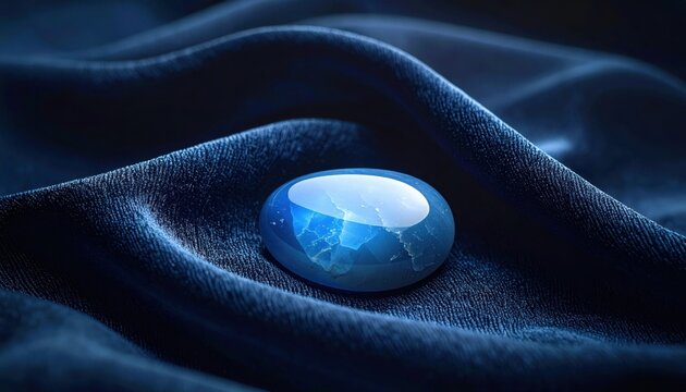Polished Blue Gemstone Resting on Dark Blue Silky Fabric