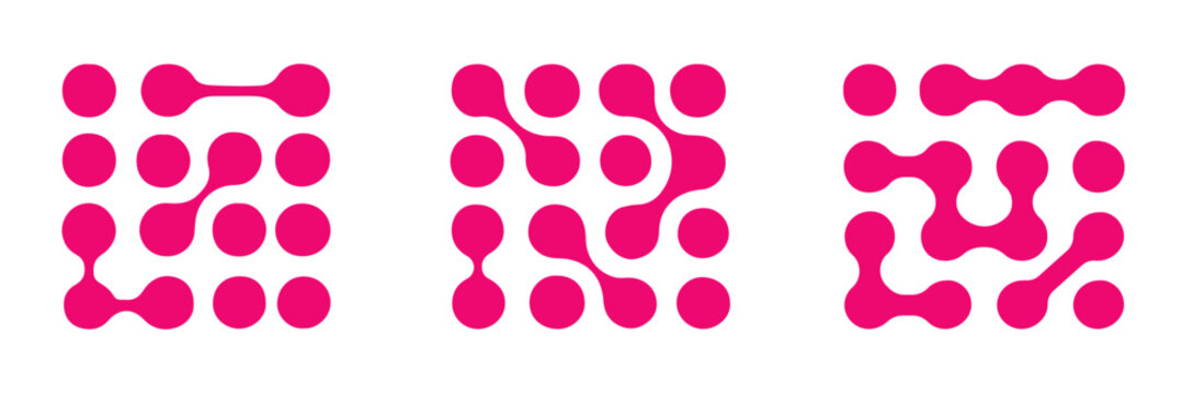 Meta ball Set. Diagonal meta ball connected circles shape. Abstract nerve cell dots or computer nano net. Vector Connect Circle Shapes. Abstract Geometric Dots. Square spotted graphic design elements.