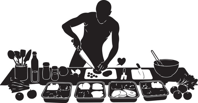 Man cutting food on a cutting board with kitchen silhouette