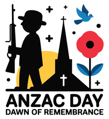 Naklejka premium Soldier Holding Rifle Silhouette with Poppy Flower and Church on Anzac Day