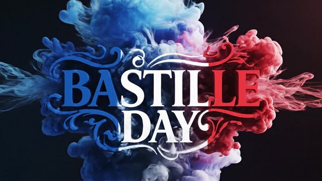 Celebrate Bastille Day with vibrant French flag colors in swirling smoke and elegant typography