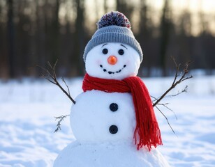 Fototapeta premium Snowman wearing a gray knitted hat and red scarf stands in a snowy landscape with trees in the background, showcasing a cheerful winter scene