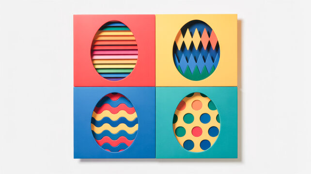 Abstract easter egg shapes with colorful patterns showcasing stripes, zigzags, and dots in decorative squares