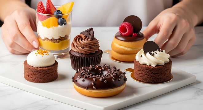 Assorted gourmet mini desserts and chocolate pastries on white marble platter