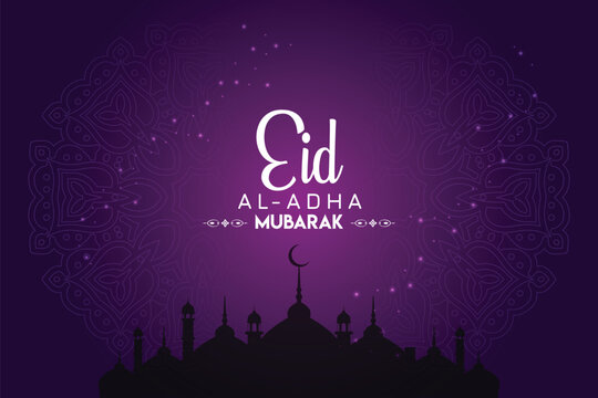 Eid al-Adha Mubarak celebration with lanterns, crescent moon, and mosque silhouette
