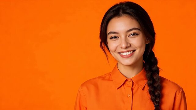 Woman with braided hair wearing orange shirt