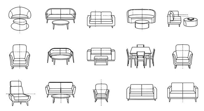 Comprehensive Architectural Furniture CAD Block Library featuring Modern Sofa and Couch Sets, Armchairs, and Dining Tables for Autocad 2D Interior Design Floor Plans