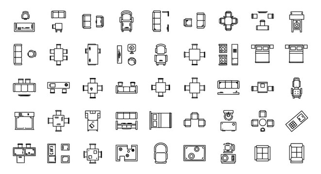 Professional architectural furniture vector icons for AutoCAD 2D floor plans, featuring a sofa and couch cad block library for technical blueprint and interior design.