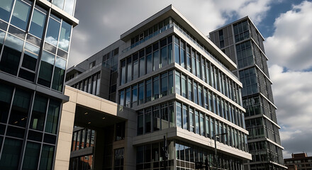 Obraz premium Modern glass office buildings under a cloudy sky, isolated on transparent background