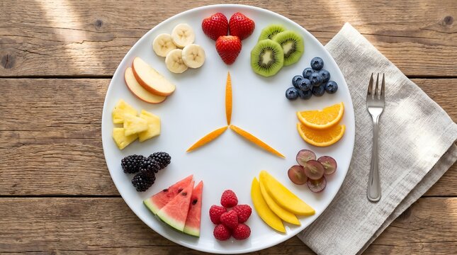 Healthy fruit clock on a wooden table, symbolizing a daily healthy eating routine.