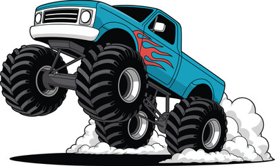 Cartoon monster truck in action with red flames and smoke isolated on transparent background. © MOSTLAKI