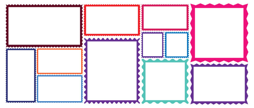 Set of wavy zigzag edge frames. Black post stamp frames and borders. Decorative banners and labels set for mail, postcard, letter, note. Vector zigzag objects for badge, sticker, photo, frame.
