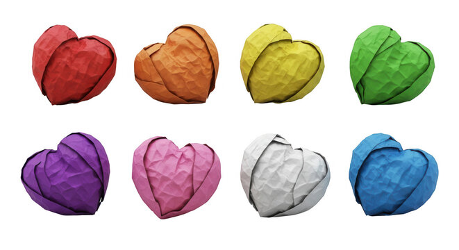 paper heart origami in various colors arrayed on a white background for valentines or love themed projects