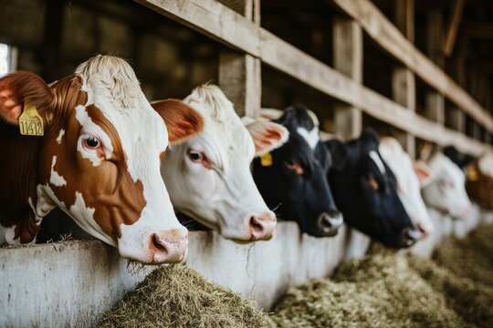 Cows eating fodder in a cowshed on a dairy farm during daytime hours