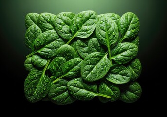 Obraz premium Vibrant green spinach leaves covered in sparkling water droplets shine under bright light, highlighting fresh texture and healthy vitality, garden, botany, close-up