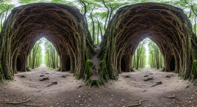 A natural tunnel formed by intertwined tree branches creating an archway in the forest, offering a unique and enchanting landscape view.