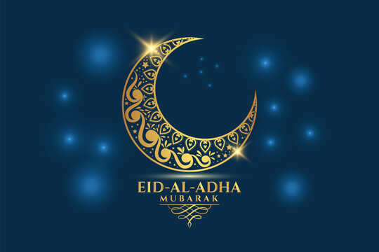 Eid al-Adha Mubarak celebration with lanterns, crescent moon, and mosque silhouette
