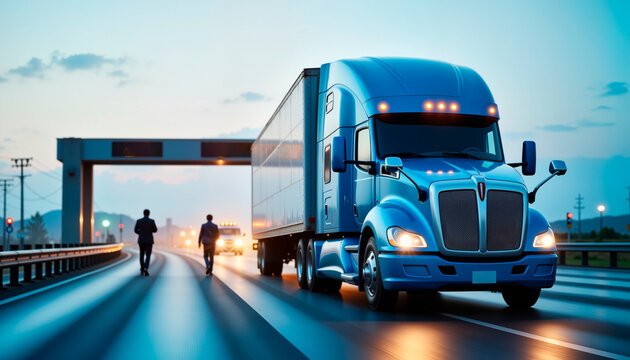 Blue cargo truck crossing border checkpoint at dawn, global commerce
