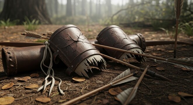 Worn leather bracers and arrows on forest floor