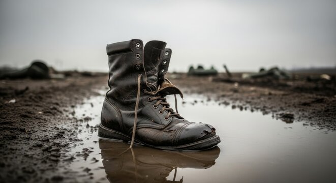 Worn Leather Combat Boot Resting in Muddy Puddle