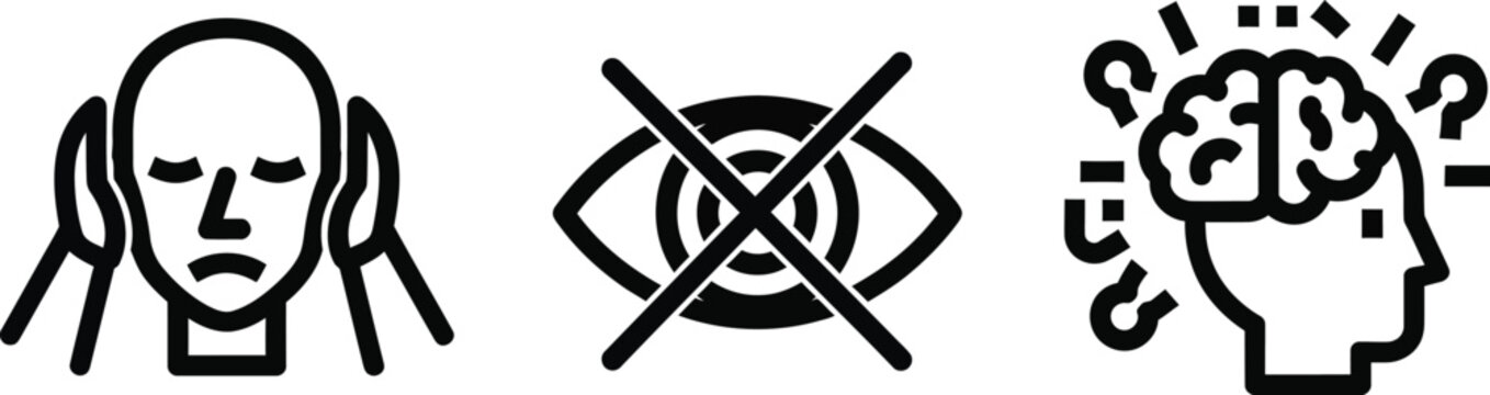 Mental Health Icons: Stress, Blindness, and Confusion