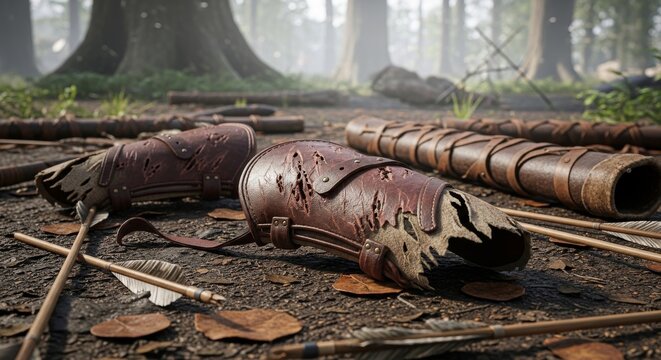 Worn leather bracers in a forest setting